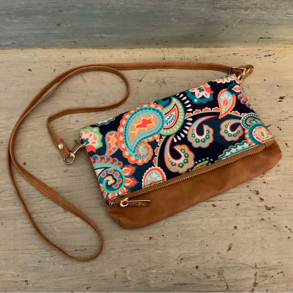 Vic & Lou Paisley Faux Brown Leather Crossbody Bag/Clutch Purse 9x6x1‎ Like New